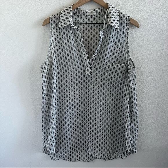 Pleione Tops - Pleione Long Line Geometric Artsy Semi Sheer Collar Top Blouse Shirt XL